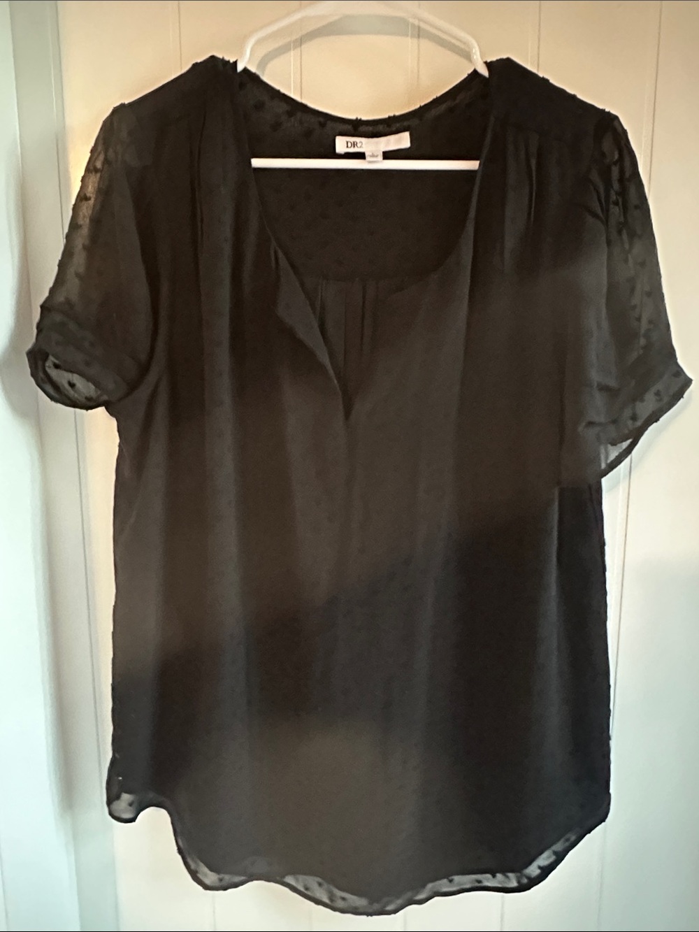 DR2 Black Sheer Dot Short-Sleeve Scoop Neck Blouse